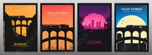 Set of Travel by Train banners. Railway bridge with outdoor landscape. Travel Concept.