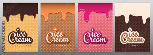 Set of Ice Cream banners with wafer background. Cafe menu, ice cream dessert poster, food packaging design.