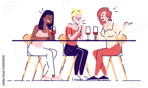 Girls relax with wine flat vector illustrations. Young ladies with wine glasses sitting at table. Women chatting, gossiping isolated cartoon characters with outline elements on white background