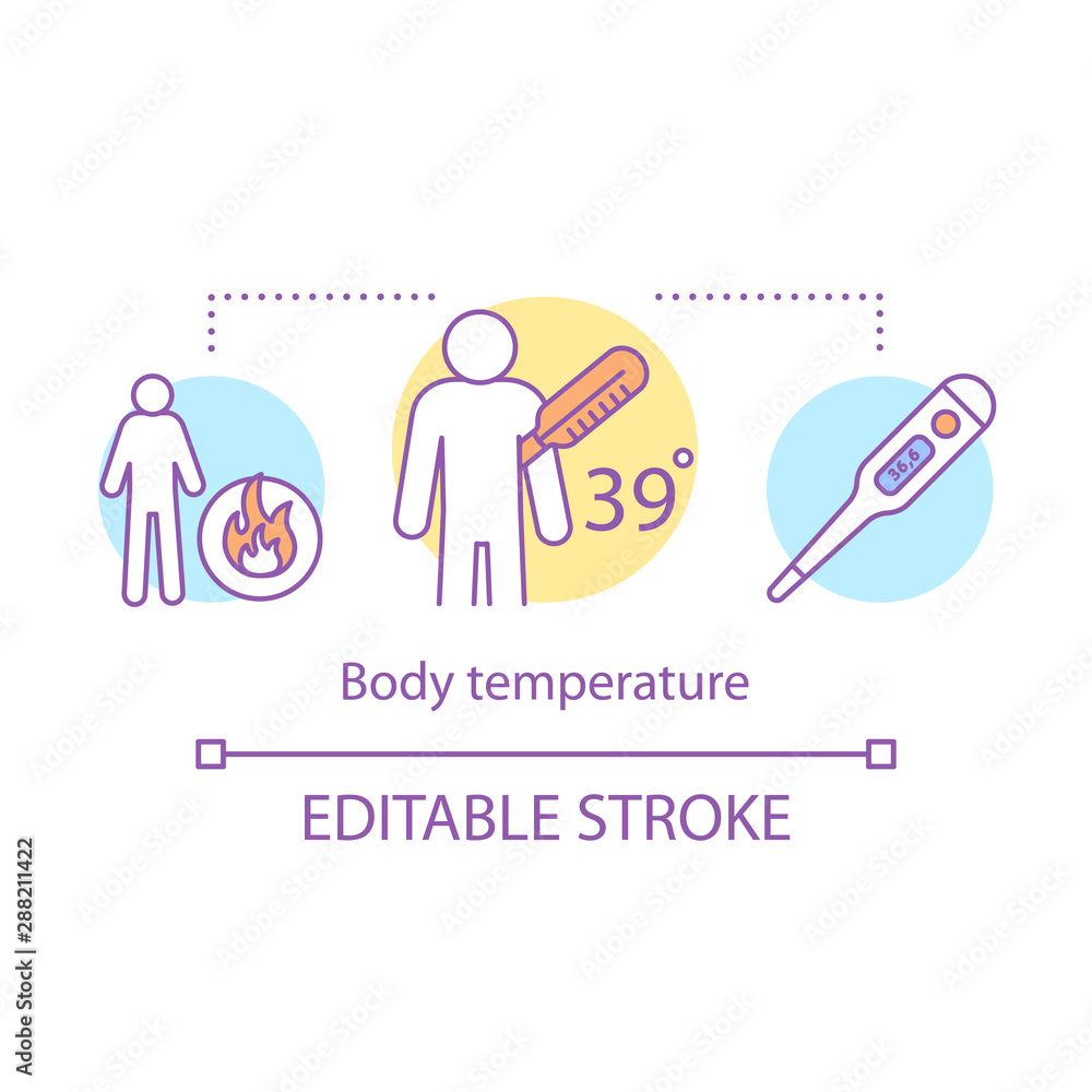 Body temperature measuring concept icon. Health threat, patient with fever idea thin line illustration. Thermometer showing normal temperature. Vector isolated outline drawing. Editable stroke Body temperature measuring concept icon. Health threat, patient with fever idea thin line illustration. Thermometer showing normal temperature. Vector isolated outline drawing. Editable stroke