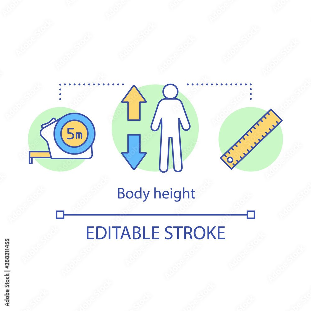 Body height measurement concept icon. Monitoring body growth with measuring tools idea thin line illustration. Flexible ruler for human height check. Vector isolated outline drawing. Editable stroke Body height measurement concept icon. Monitoring body growth with measuring tools idea thin line illustration. Flexible ruler for human height check. Vector isolated outline drawing. Editable stroke