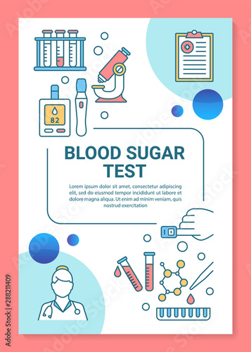 Blood sugar test brochure template layout. Diabetes prevention. Flyer, leaflet print design, linear illustrations. Vector page layouts for magazines, annual reports, advertising posters