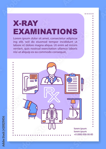 X-ray examination brochure template layout. Flyer, booklet, leaflet print design, linear illustrations. Radiological survey. Hospital equipment. Vector page layouts for reports, advertising posters