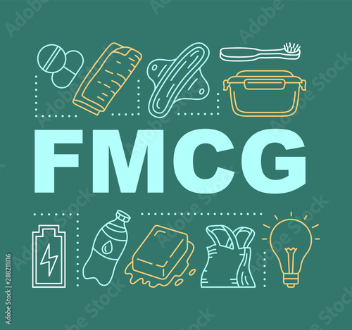 FMCG word concepts banner. Fast moving consumer goods. Low cost and quickly sold products. Presentation, website. Isolated lettering typography idea with linear icons. Vector outline illustration