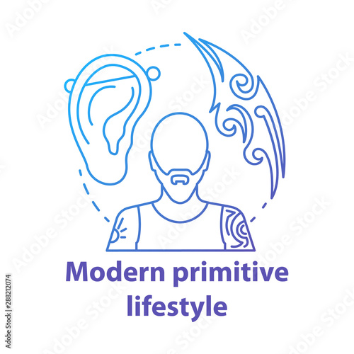 Modern primitive lifestyle blue concept icon. Body modification idea thin line illustration. Man with tattooed body, piercing. Tattoo studio. Vector isolated outline drawing. Editable stroke
