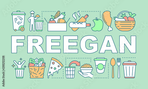 Freegan word concepts banner. Rejecting consumerism. Dumpster diving. Waste reducing. Presentation, website. Isolated lettering typography idea with linear icons. Vector outline illustration