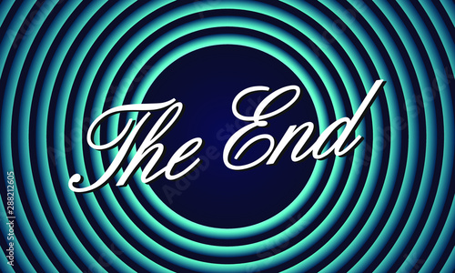 The End handwrite title on red round background. Old movie ending screen. Vector illustration