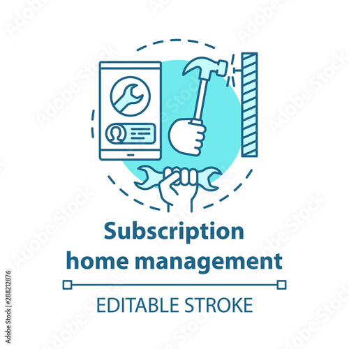 Subscription home management app concept icon. Online construction tools shop idea thin line illustration. Smartphone, wrench and hammer vector isolated outline drawing. Editable stroke