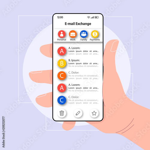 Email chatting smartphone interface vector template. Mobile app page white design layout. Correspondence exchange screen. Flat UI for application. Hand holding phone with e-mail groups on display