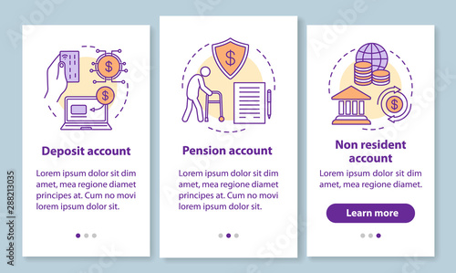 Account types onboarding mobile app page screen with linear concepts. Pension, non resident accounts. Three walkthrough steps graphic instructions. UX, UI, GUI vector template with illustrations photo