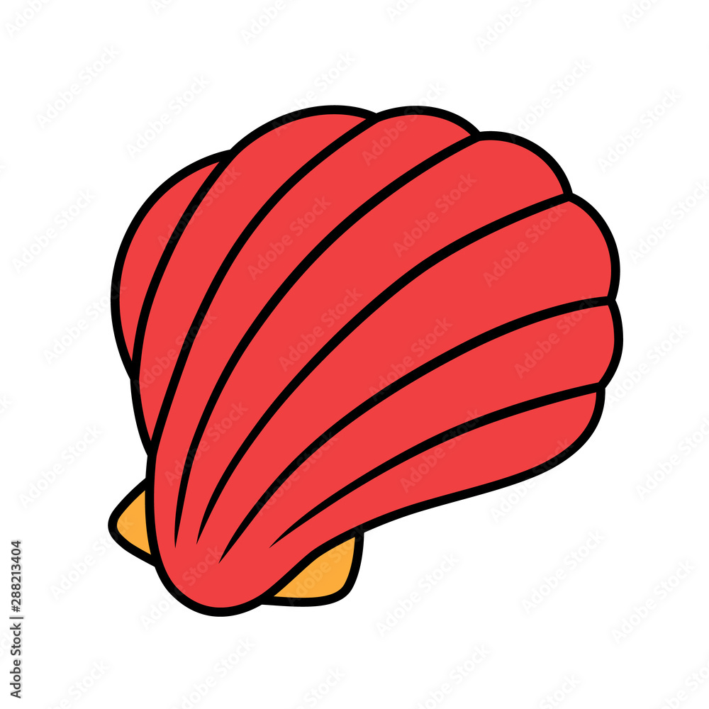 Sea shell red color icon. Marine mollusk shell. Protective layer for animal living. Beach scallop. Tropical souvenir. Aquarium creature. Underwater fauna. Isolated vector illustration Sea shell red color icon. Marine mollusk shell. Protective layer for animal living. Beach scallop. Tropical souvenir. Aquarium creature. Underwater fauna. Isolated vector illustration