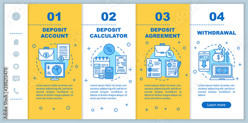 Deposit onboarding mobile web pages vector template. Banking service. Responsive smartphone website interface idea with linear illustrations. Webpage walkthrough step screens. Color concept