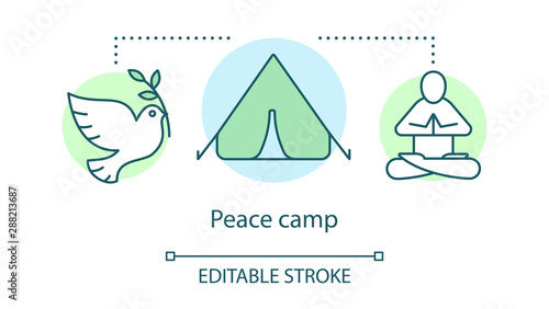 Peace camp concept icon. Anti war movement, nonviolent resistance, pacifism idea thin line illustration. White dove, tent and meditating protester vector isolated outline drawing. Editable stroke