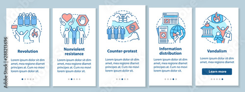 Civil unrest onboarding mobile app page screen with linear concepts. Political revolution and social protest walkthrough steps graphic instructions. UX, UI, GUI vector template with illustrations