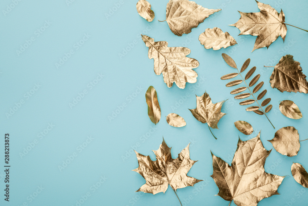 top view of autumnal golden foliage on blue background with copy space