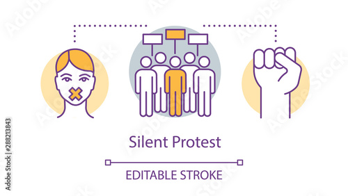 Silent protest concept icon. Civil disobedience, nonviolent resistance idea thin line illustration. Raised fist, protesters, activist with taped mouth vector isolated outline drawing. Editable stroke