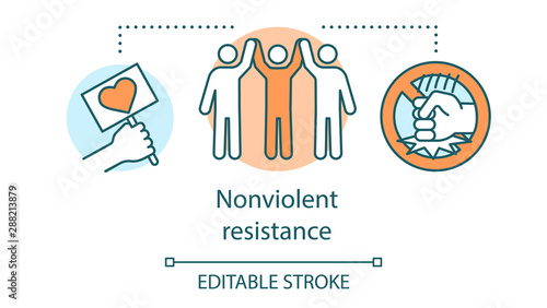 Nonviolent resistance concept icon. Peaceful social protest, pacifism idea thin line illustration. Placard with heart and protesters holding hands vector isolated outline drawing. Editable stroke