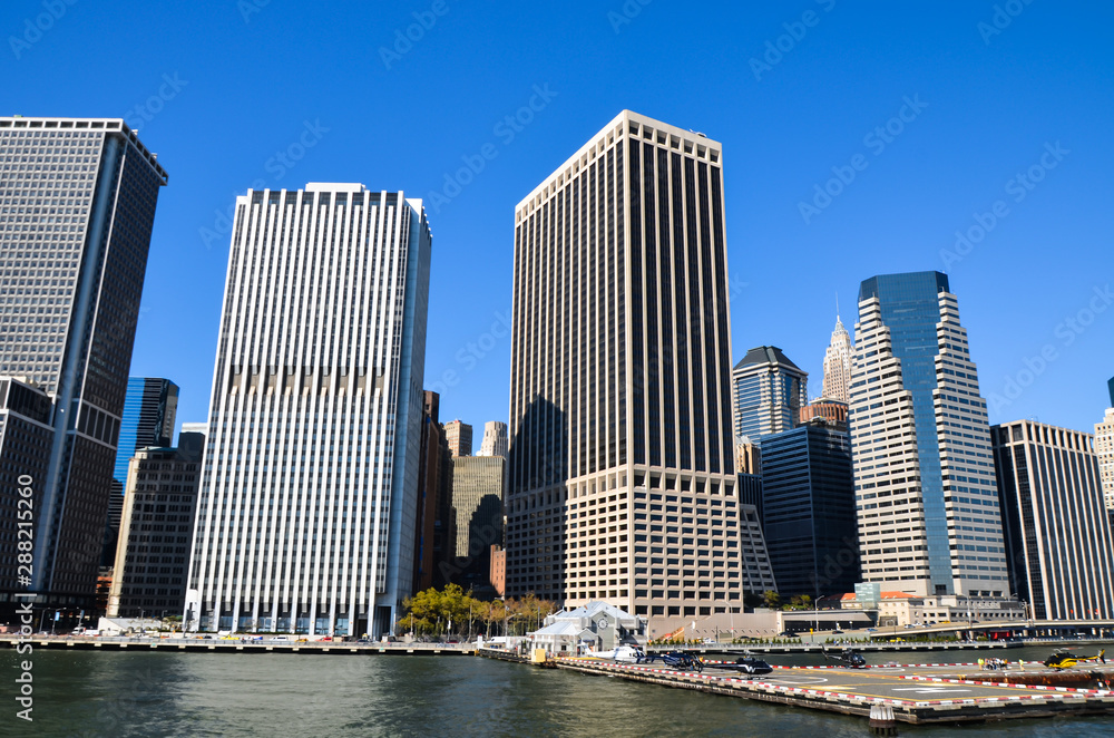 View of New York from the sea. Beautiful view panoramic view of Manhattan of New York City, USA. New York is the most populous city in the United States.