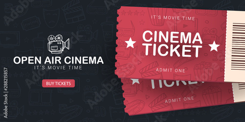 Open Air Cinema banner with tickets. Hand draw doodle background.