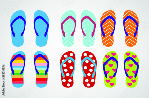 Set of Beach Slippers. Colorful Summer Flip Flops Over gray Background. Vector. EPS