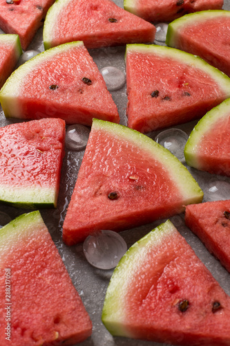 Sliced pieces of watermelon pattern, chilled with ice, refreshing summer berry.