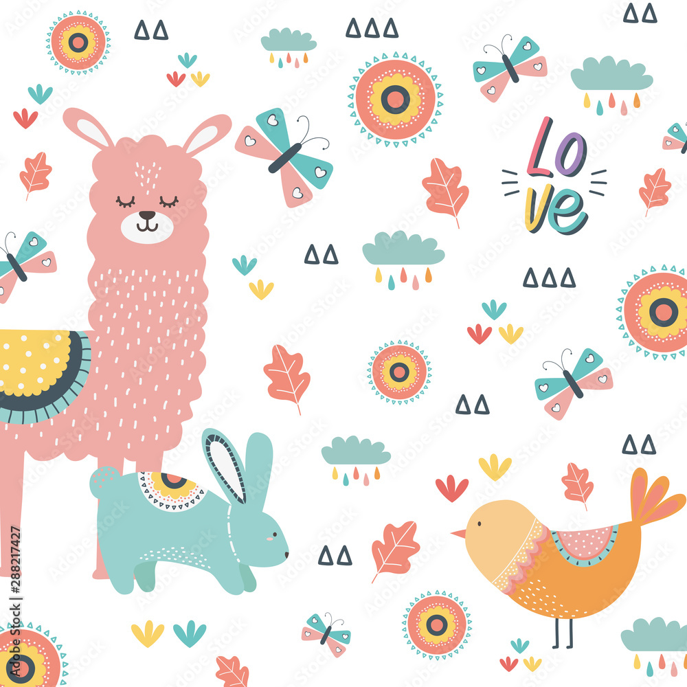 Rabbit llama and bird cartoon design vector illustration Rabbit llama and bird cartoon design vector illustration
