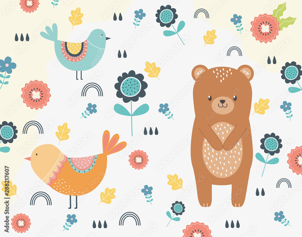 Fototapeta premium Bear and bird cartoon design vector illustration