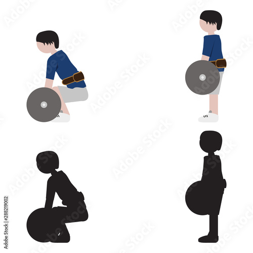 Person doing deadlift exercise in flat and silhouette style icon side view. Vector.