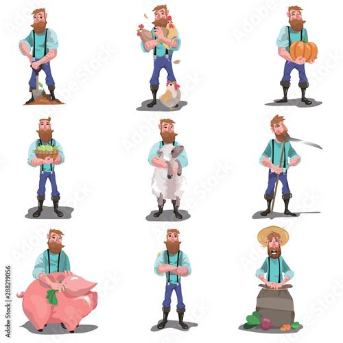 Farmer set. Raster illustration in flat cartoon style