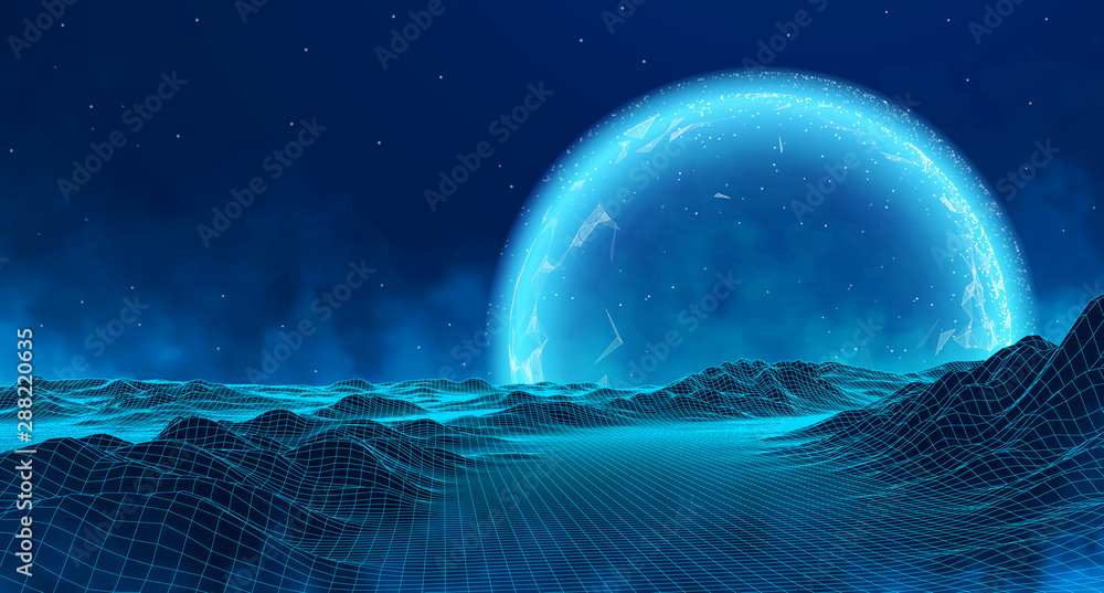 Plakat Vector retro futuristic background. Abstract digital landscape with particles dots and stars on horizon. Wireframe landscape background. Big Data Digital retro landscape Retro Sci-Fi Background.