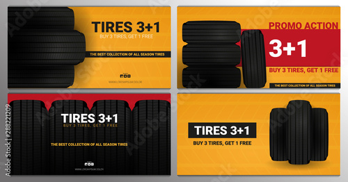 Set of Tires car advertisement posters. Black rubber tire on the background with wheel tire tracks.
