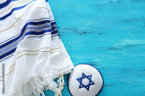 religion image of Prayer Shawl - Tallit jewish religious symbol. Rosh hashanah (jewish New Year holiday), Shabbat and Yom kippur concept.