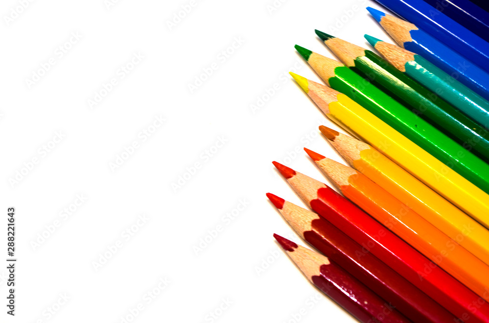 Fototapeta premium Many color pencils isolated on white background with copy space for text.Close up.