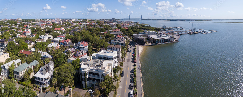 Fototapeta premium Aerial panorama of downtown historic Charleston, South Carolina with Ravenel Bridge in background.