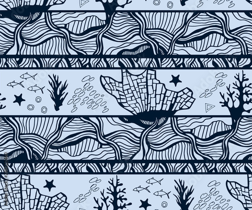 Hand drawn underwater natural ocean and ornamental elements. Seamless pattern with reef corals. Vector sketch