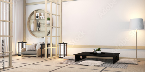 Zen modern room japanese interior with shelf wooden design idea of room japan and tatami mat.3D rendering
