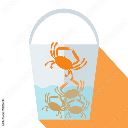 Vector image of a crab trying to climb out of a bucket while other crabs are trying to stop him. Crabs in a bucket. Crab mentality concept. Behavior concept.