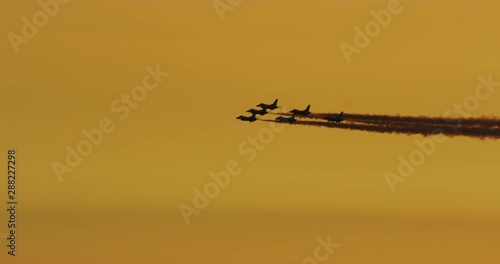Slow motion of thunderbirds fly celebrating upcoming film ‘Captain Marvel’ representing the honor of the men and women serving in the armed forces in Los Angeles, California. 