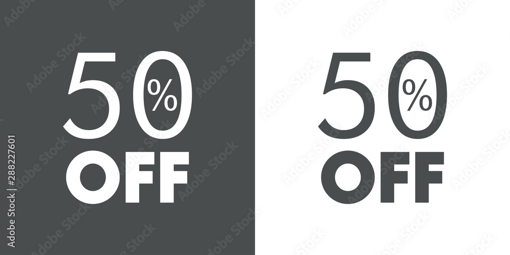 Logotipo con texto 50 por ciento con OFF horizontal en gris y blanco Logotipo con texto 50 por ciento con OFF horizontal en gris y blanco