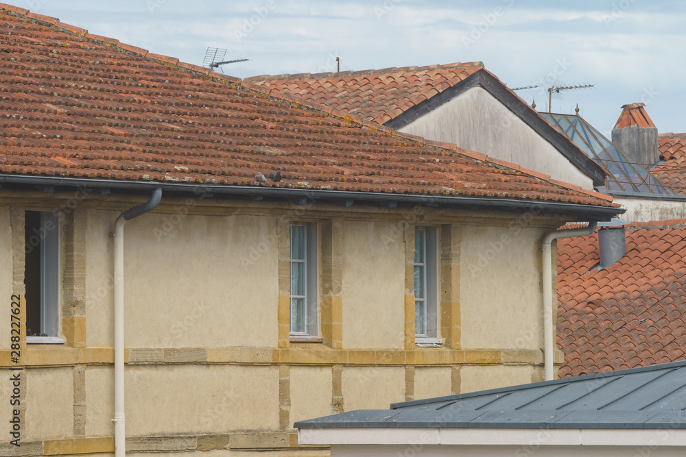 Photography of the roofs of houses in France. French street lifestyles concepts. The city is shrouded in electromagnetic waves of different lengths. The town is densely built.