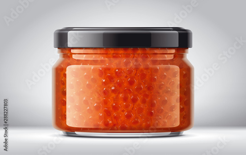 Glass Jar with Caviar on Background. 