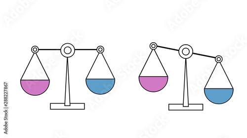Scale of Justice symbol icons of fair, unfair in human social law about equality gender male, female discrimination racist unequal pay in workplace