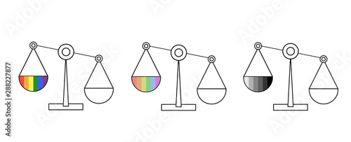 Scale of Justice symbol icons of fair, unfair in human social law about equality gender male, female discrimination unequal pay, skin color racist, Gay, LGBT, same sex marriage legal right.