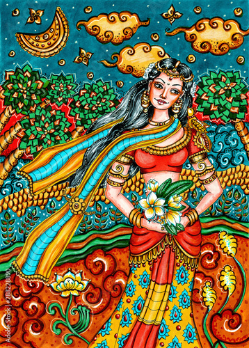 Indian traditional painting of woman in nature  Kerala mural style with beautiful ornamental background