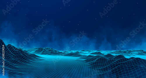 Vector retro futuristic background. Abstract digital landscape with particles dots and stars on horizon. Wireframe landscape background. Big Data Digital retro landscape Retro Sci-Fi Background.