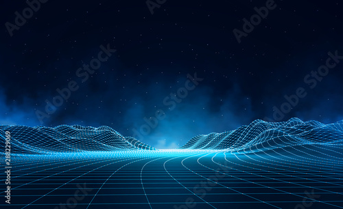 Vector retro futuristic background. Abstract digital landscape with particles dots and stars on horizon. Wireframe landscape background. Big Data Digital retro landscape Retro Sci-Fi Background.