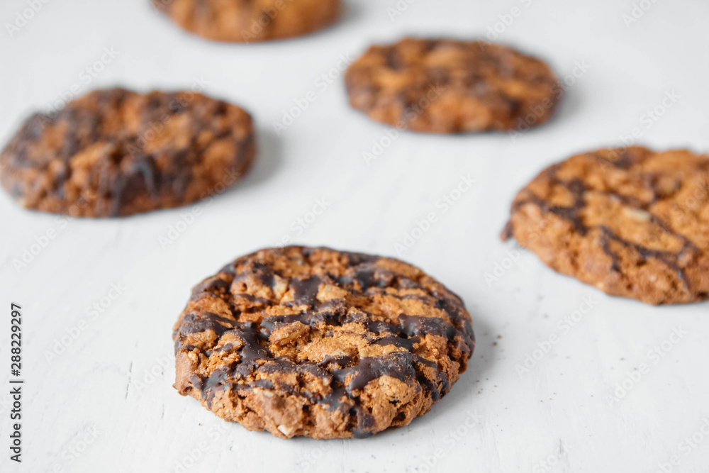 Delicious chocolate chip cookies on white table background. Copy, empty space for text Delicious chocolate chip cookies on white table background. Copy, empty space for text