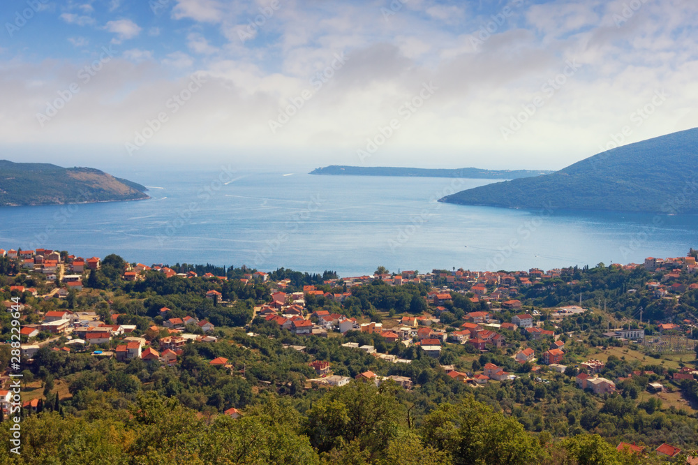 Beautiful Mediterranean landscape on sunny summer day. Montenegro, view of  Adriatic Sea and Bay of Kotor near Herceg Novi city