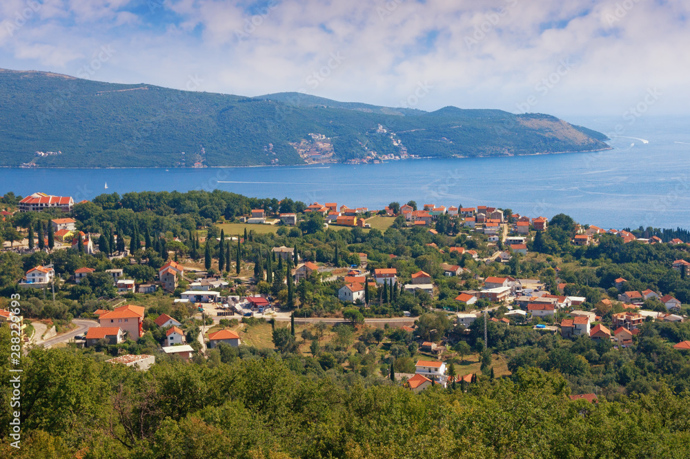 Fototapeta premium Beautiful Mediterranean landscape on sunny summer day. Montenegro, view of Adriatic Sea and Bay of Kotor near Herceg Novi city