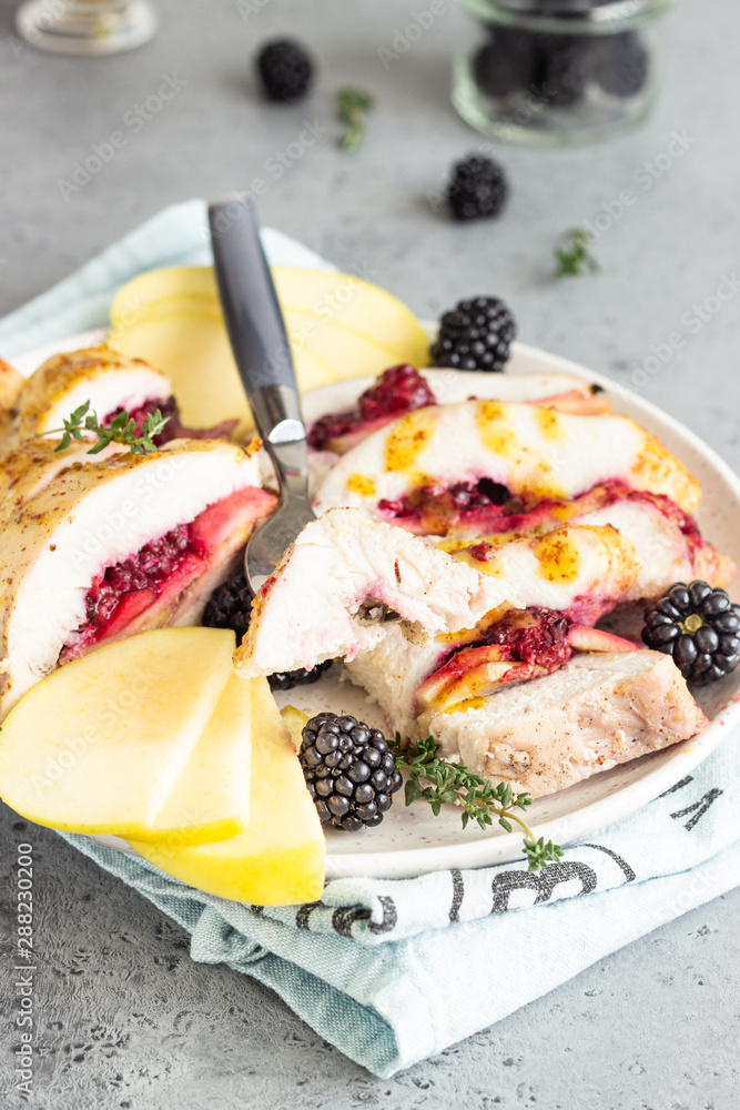 Baked turkey or chicken breast stuffed with apples and blackberries. Baked turkey or chicken breast stuffed with apples and blackberries.
